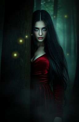 A mysterious woman shrouded in an aura of intrigue, standing in a dimly lit forest with fog swirling around her, her long flowing black hair cascading over her shoulders, wearing a deep red velvet dress that contrasts against the greenery