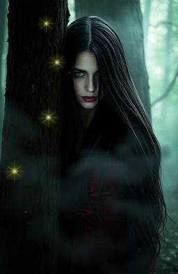 A mysterious woman shrouded in an aura of intrigue, standing in a dimly lit forest with fog swirling around her, her long flowing black hair cascading over her shoulders, wearing a deep red velvet dress that contrasts against the greenery