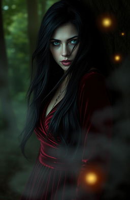 A mysterious woman shrouded in an aura of intrigue, standing in a dimly lit forest with fog swirling around her, her long flowing black hair cascading over her shoulders, wearing a deep red velvet dress that contrasts against the greenery