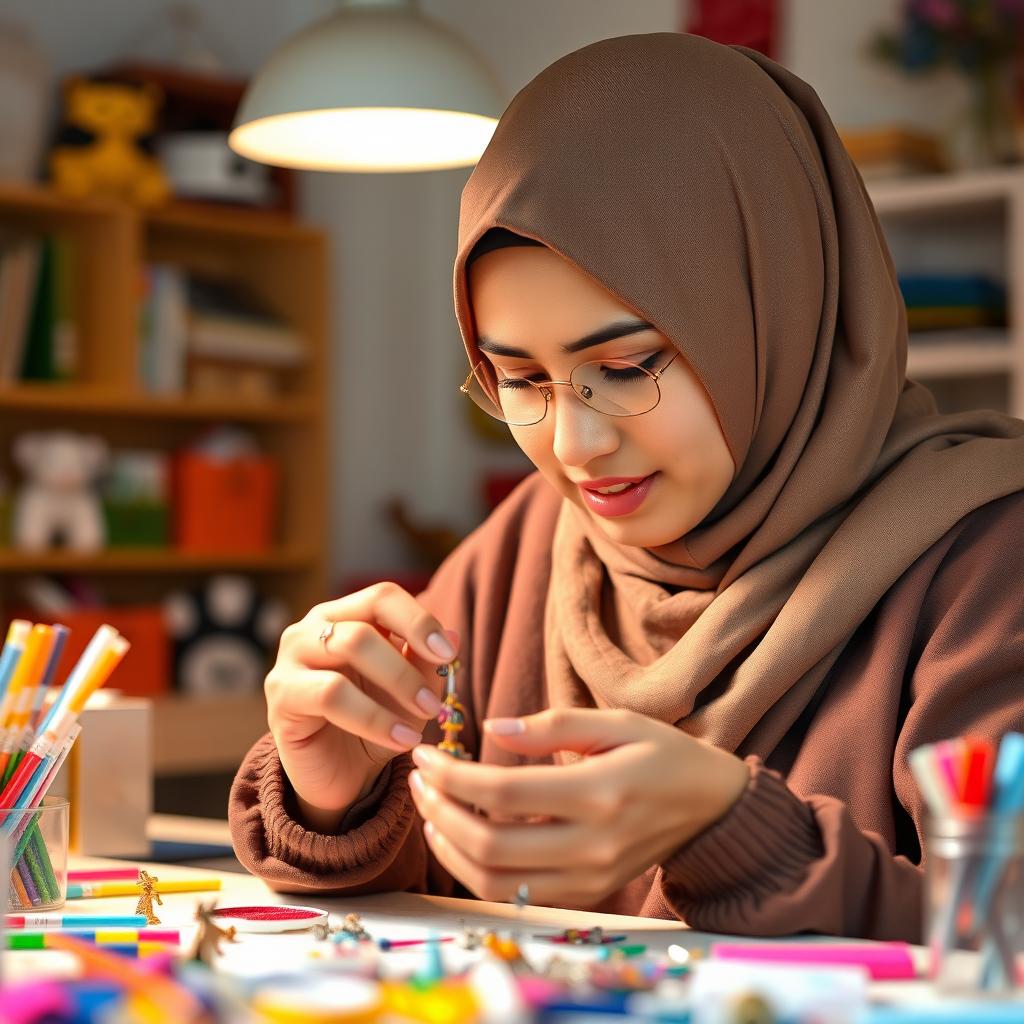 A young Muslim woman wearing a hijab, intently crafting a miniature magnet