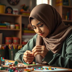 A young Muslim woman wearing a hijab, intently crafting a miniature magnet