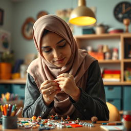 A young Muslim woman wearing a hijab, intently crafting a miniature magnet