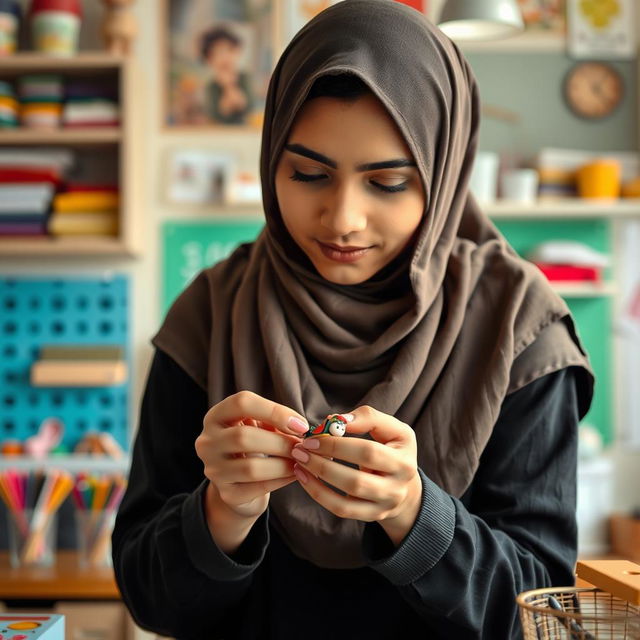 A young Muslim woman wearing a hijab, intently crafting a miniature magnet