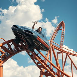 A futuristic rollercoaster resembling a complex circuit diagram, where instead of traditional rollercoaster cars, a sleek spaceship designed by Elon Musk travels along the track