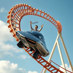 A futuristic rollercoaster resembling a complex circuit diagram, where instead of traditional rollercoaster cars, a sleek spaceship designed by Elon Musk travels along the track