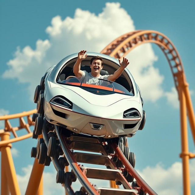 A futuristic rollercoaster resembling a complex circuit diagram, where instead of traditional rollercoaster cars, a sleek spaceship designed by Elon Musk travels along the track