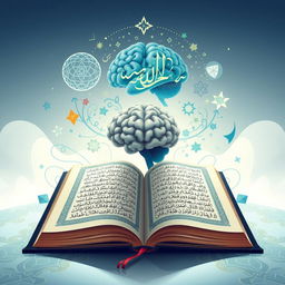A visually striking illustration representing the connection between the Quran and psychology, featuring an open Quran surrounded by symbolic elements like a brain and abstract thought patterns, incorporating motifs such as Arabic calligraphy, intricate geometric patterns, and calming colors like blues and greens