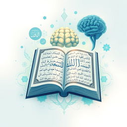 A visually striking illustration representing the connection between the Quran and psychology, featuring an open Quran surrounded by symbolic elements like a brain and abstract thought patterns, incorporating motifs such as Arabic calligraphy, intricate geometric patterns, and calming colors like blues and greens