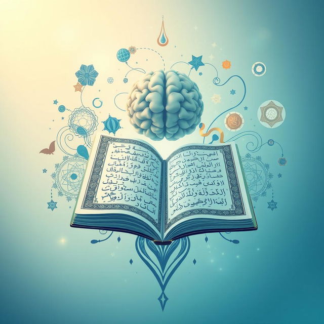 A visually striking illustration representing the connection between the Quran and psychology, featuring an open Quran surrounded by symbolic elements like a brain and abstract thought patterns, incorporating motifs such as Arabic calligraphy, intricate geometric patterns, and calming colors like blues and greens