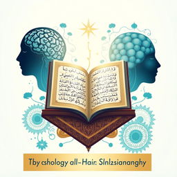 A visually striking illustration representing the connection between the Quran and psychology, featuring an open Quran surrounded by symbolic elements like a brain and abstract thought patterns, incorporating motifs such as Arabic calligraphy, intricate geometric patterns, and calming colors like blues and greens