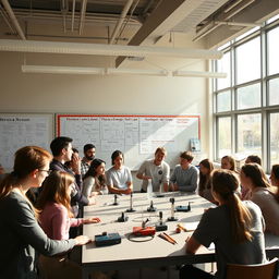 A bright and engaging scene from a 12th-grade physics class during the second semester, featuring an enthusiastic teacher explaining concepts of motion and energy to a group of attentive students