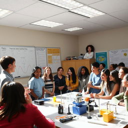 A bright and engaging scene from a 12th-grade physics class during the second semester, featuring an enthusiastic teacher explaining concepts of motion and energy to a group of attentive students