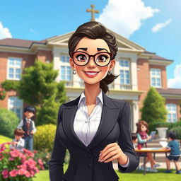 An animated portrayal of a beautiful headmaster, exuding charisma and intelligence, dressed in a stylish and sophisticated outfit, standing in front of a prestigious school building