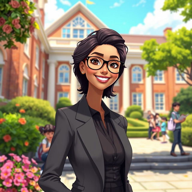 An animated portrayal of a beautiful headmaster, exuding charisma and intelligence, dressed in a stylish and sophisticated outfit, standing in front of a prestigious school building