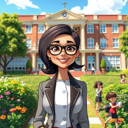 An animated portrayal of a beautiful headmaster, exuding charisma and intelligence, dressed in a stylish and sophisticated outfit, standing in front of a prestigious school building