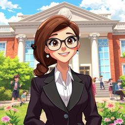 An animated portrayal of a beautiful headmaster, exuding charisma and intelligence, dressed in a stylish and sophisticated outfit, standing in front of a prestigious school building