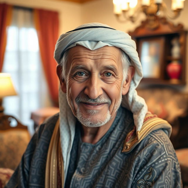 An elderly man looking directly at the camera with a friendly expression, wearing traditional Arabic attire, a patterned thobe and a headscarf