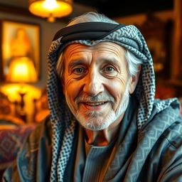 An elderly man looking directly at the camera with a friendly expression, wearing traditional Arabic attire, a patterned thobe and a headscarf