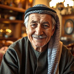 An elderly man looking directly at the camera with a friendly expression, wearing traditional Arabic attire, a patterned thobe and a headscarf