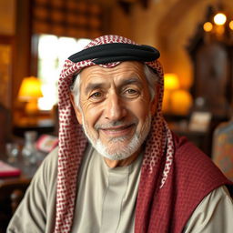 An elderly man looking directly at the camera with a friendly expression, wearing traditional Arabic attire, a patterned thobe and a headscarf