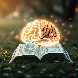 An artistic visualization representing the connection between the Quran and psychology, featuring a serene landscape with open Quran pages seamlessly merging into a human brain symbolizing knowledge and wisdom