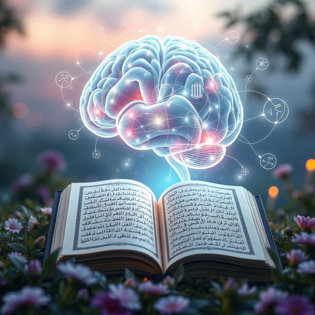 An artistic visualization representing the connection between the Quran and psychology, featuring a serene landscape with open Quran pages seamlessly merging into a human brain symbolizing knowledge and wisdom