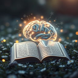 An artistic visualization representing the connection between the Quran and psychology, featuring a serene landscape with open Quran pages seamlessly merging into a human brain symbolizing knowledge and wisdom