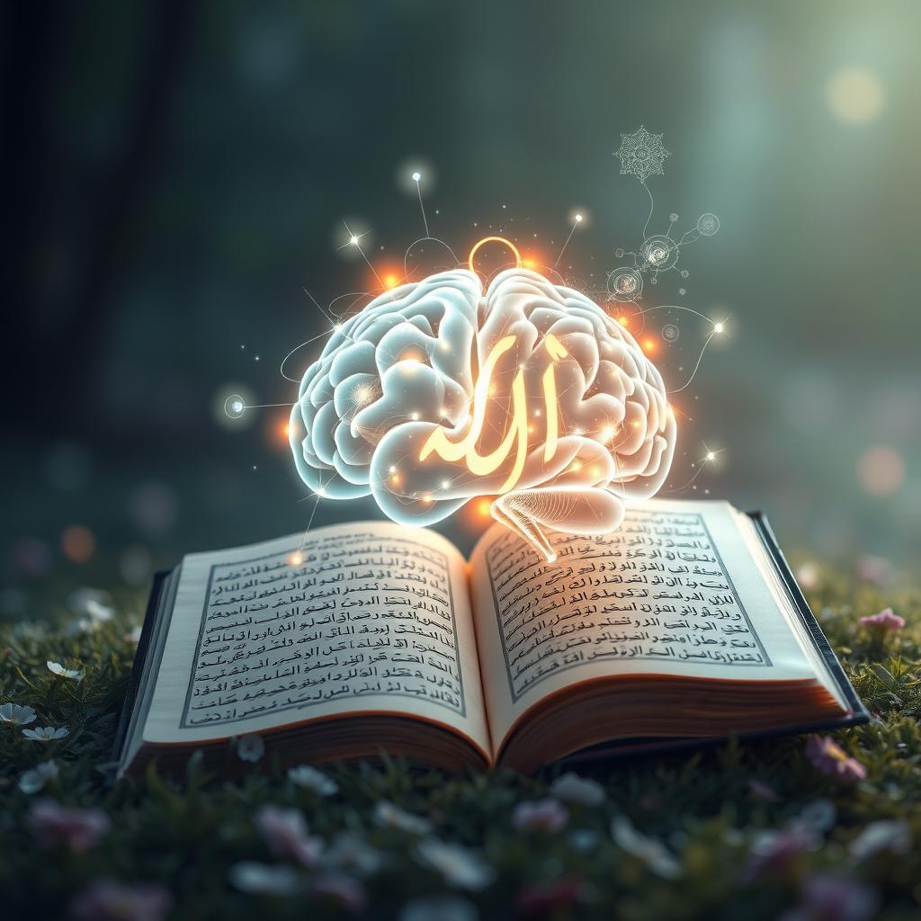 An artistic visualization representing the connection between the Quran and psychology, featuring a serene landscape with open Quran pages seamlessly merging into a human brain symbolizing knowledge and wisdom
