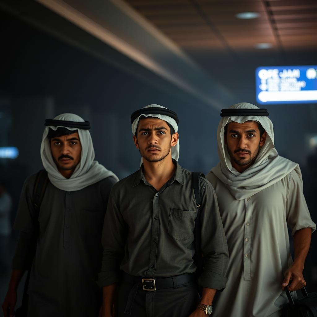 Three young Egyptian men, appearing impoverished and dressed in ordinary, casual clothing without traditional Arab attire, stand at an airport, looking fearful and anxious