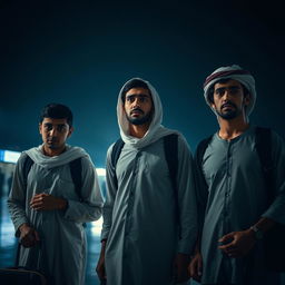 Three young Egyptian men, appearing impoverished and dressed in ordinary, casual clothing without traditional Arab attire, stand at an airport, looking fearful and anxious