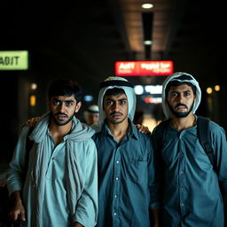 Three young Egyptian men, appearing impoverished and dressed in ordinary, casual clothing without traditional Arab attire, stand at an airport, looking fearful and anxious