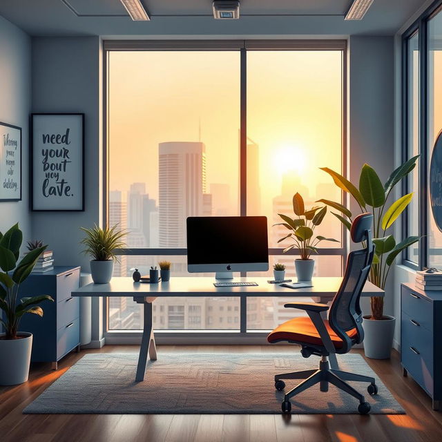 A realistic scene of a modern office space featuring a neatly organized workspace with a sleek desk, a high-end computer monitor, a stylish ergonomic chair, and a vibrant indoor plant