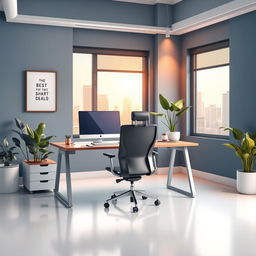 A realistic scene of a modern office space featuring a neatly organized workspace with a sleek desk, a high-end computer monitor, a stylish ergonomic chair, and a vibrant indoor plant