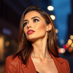 A stylish woman with elegantly close lips, radiating confidence and poise