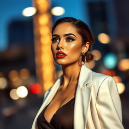 A stylish woman with elegantly close lips, radiating confidence and poise