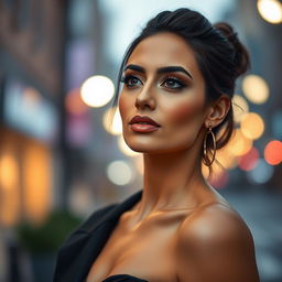 A stylish woman with elegantly close lips, radiating confidence and poise