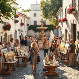 A picturesque white village square bustling with activity during an art market