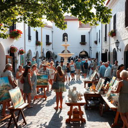 A picturesque white village square bustling with activity during an art market