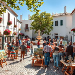 A picturesque white village square bustling with activity during an art market