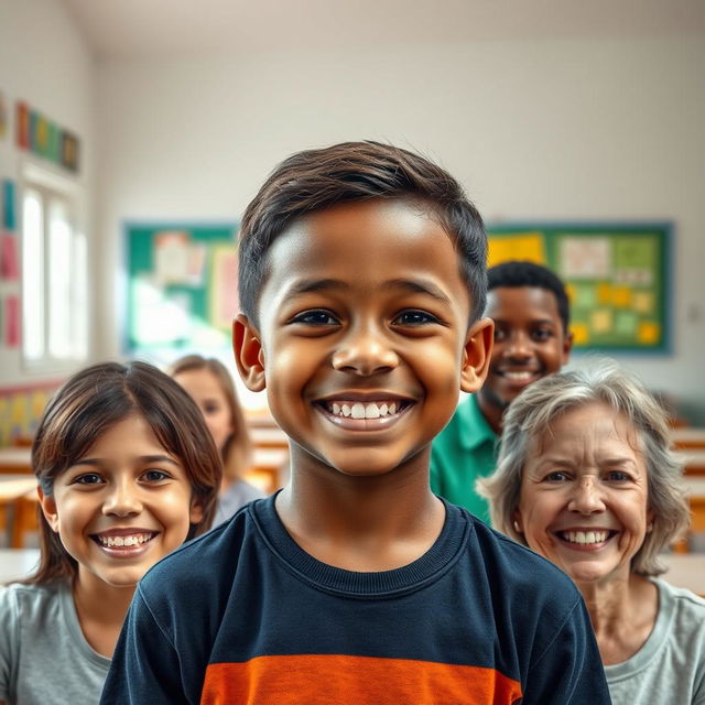 A realistic composite image featuring a boy's background seamlessly blended with adults' faces