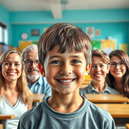 A realistic composite image featuring a boy's background seamlessly blended with adults' faces