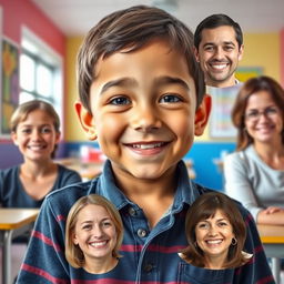 A realistic composite image featuring a boy's background seamlessly blended with adults' faces