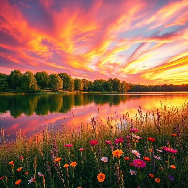 A beautiful serene landscape featuring a tranquil lake reflecting the vibrant colors of a sunset with deep oranges, pinks, and purples swirling in the sky