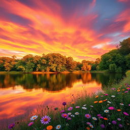 A beautiful serene landscape featuring a tranquil lake reflecting the vibrant colors of a sunset with deep oranges, pinks, and purples swirling in the sky