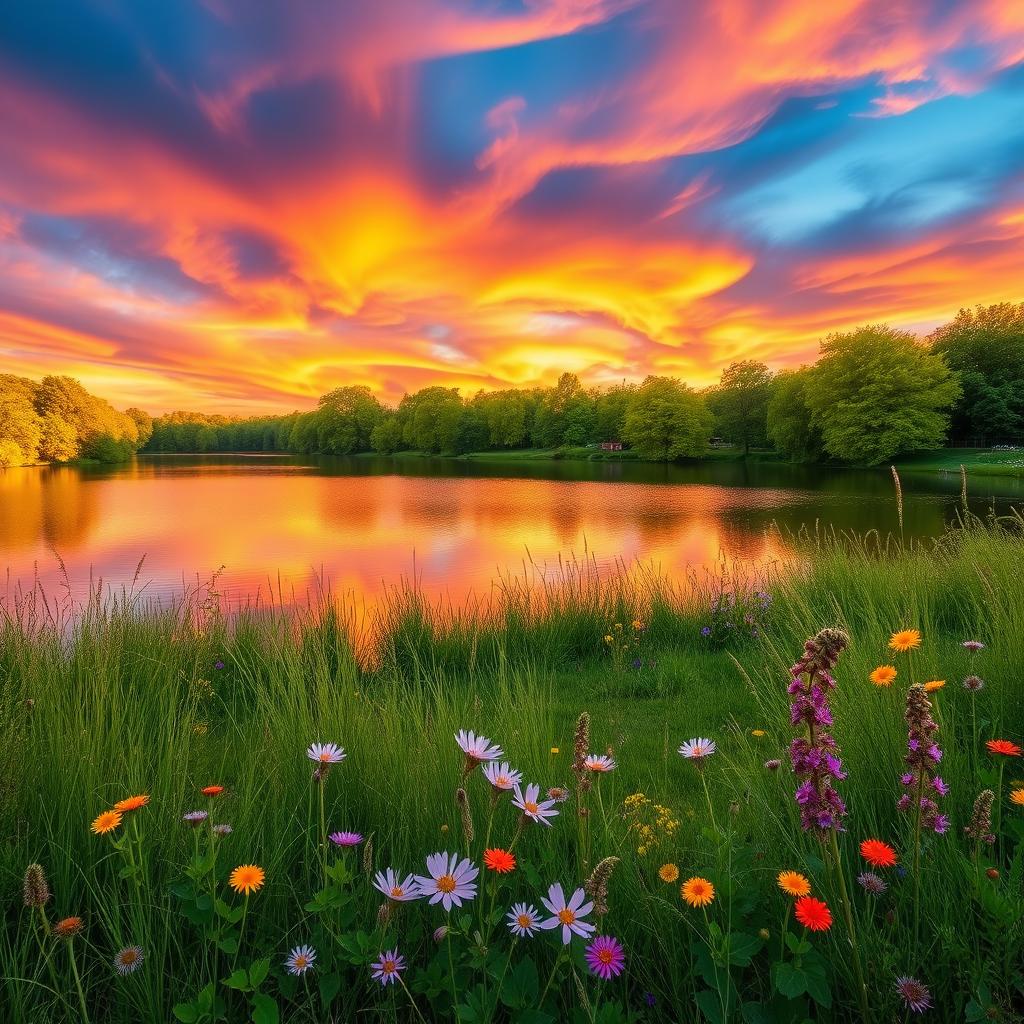 A beautiful serene landscape featuring a tranquil lake reflecting the vibrant colors of a sunset with deep oranges, pinks, and purples swirling in the sky