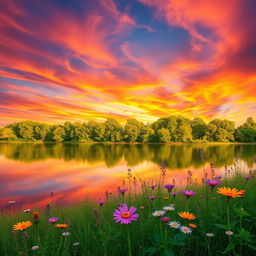 A beautiful serene landscape featuring a tranquil lake reflecting the vibrant colors of a sunset with deep oranges, pinks, and purples swirling in the sky
