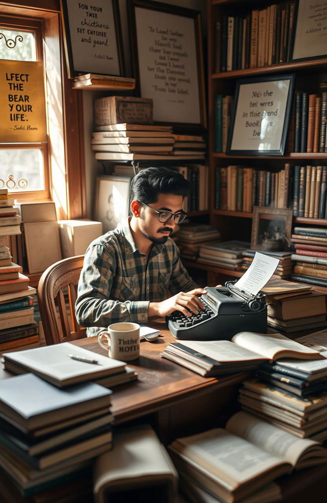 A talented writer named Sahil Bam sitting at a vintage wooden desk surrounded by piles of books and papers