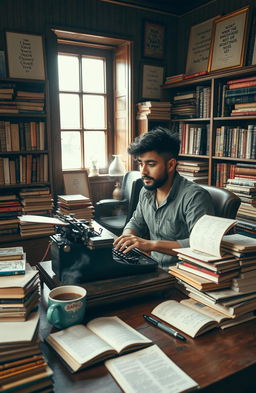 A talented writer named Sahil Bam sitting at a vintage wooden desk surrounded by piles of books and papers