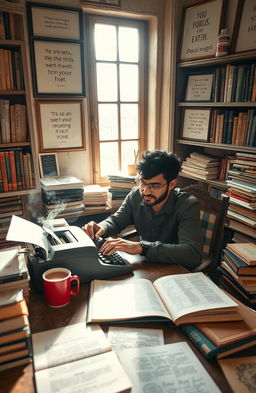 A talented writer named Sahil Bam sitting at a vintage wooden desk surrounded by piles of books and papers