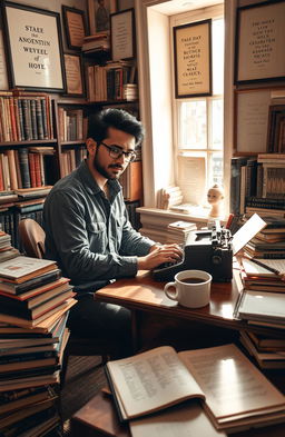 A talented writer named Sahil Bam sitting at a vintage wooden desk surrounded by piles of books and papers